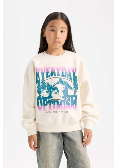 DeFacto Kız Çocuk Relax Fit Bisiklet Yaka Baskılı Sweatshirt D7055A824WNER99 Ekru