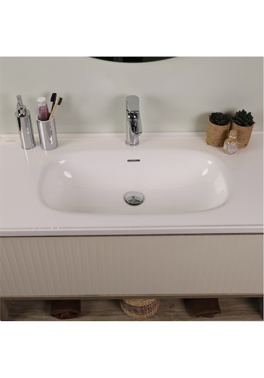 Kobos Elegant 100 Cm Banyo Dolabı Seti Light Walnut + Luna Ahşap