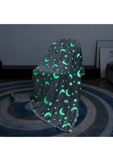 Padalink Gri Ay Desenli Parlak Flanel Battaniye - Işık Veren Çocuk Uyku Battaniyesi, Konforlu Isı Sağlar, 1x1.5m Kutulu Paket Gri