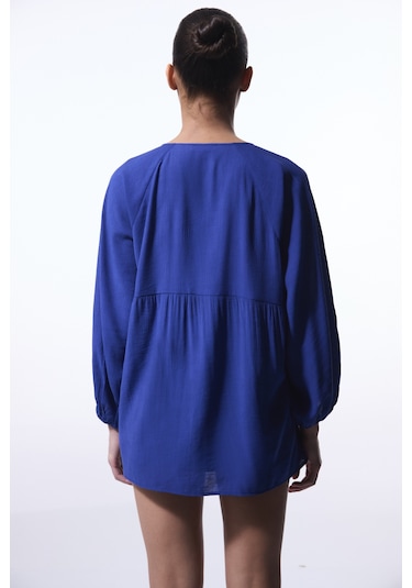 Penti Lacivert Freya Crinckle Kısa Kol V Yaka Midi Kimono