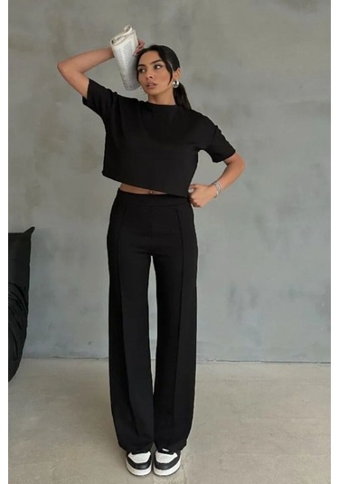 Modal Kumaş Yüksek Bel Pantolon Crop & Pantolon Takım Siyah