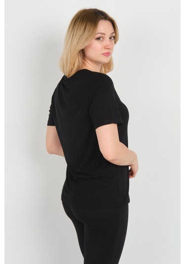 Ella Camelia Kadın Kelebek Şekilli Taş Süslemeli V Yaka Kısa Kollu Bluz 24e047 Siyah Siyah