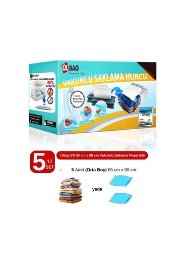 5'li Vakumlu Poşet Seti Orta Boy 55 Cm X 90 Cm Yastık, Elbise Ve Battaniye Vakumlu Hurç Şeffaf