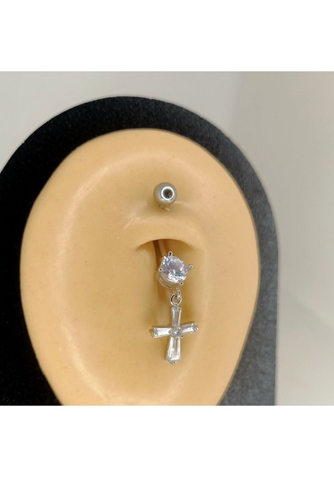 Aya Tasarım Gümüş Renkli Taşlı Haç Figürlü Göbek Piercing Gümüş