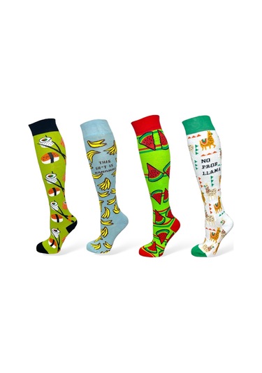 4'lü Unısex Sushi, Muz, Karpuz Ve Lama Tasarımlı Esnek Nem Alabilen Pamuklu Diz Üstü Çoraplar Çok Renkli