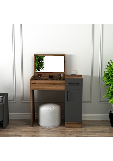 Arnetti İnci Ceviz Antrasit Aynalı Makyaj Masası – Çekmeceli, Dolaplı & Şık Tasarım