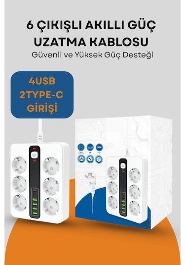 Pro P11 6x Priz 3000w Termal Akım Korumalı 4x Usb 2x Type-c Girişli Çoklu Priz 0.2 M
