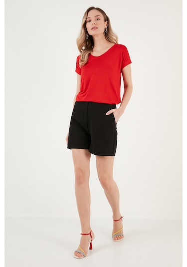 Lela V Yaka Relaxed Fit Yırtmaç Detaylı 2'Li Paket Bayan Bluz 5862000S2 Siyah-Kırmızı