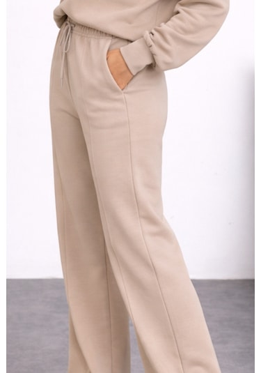 Balenbi Oversize Bisiklet Yaka Basic Modal Kadın Takım 1206 - Form Serisi Bej