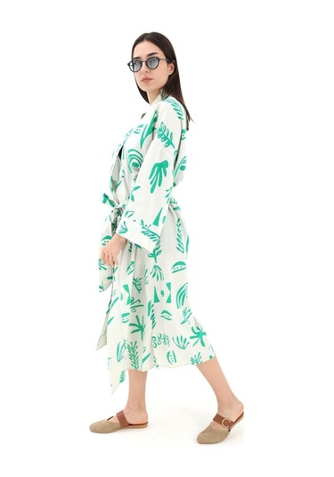 Baskılı Keten Kimono - Yeşil-yeşil Yeşil