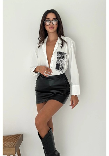 Zebra Desen Baskılı Taşlı Gömlek Beyaz