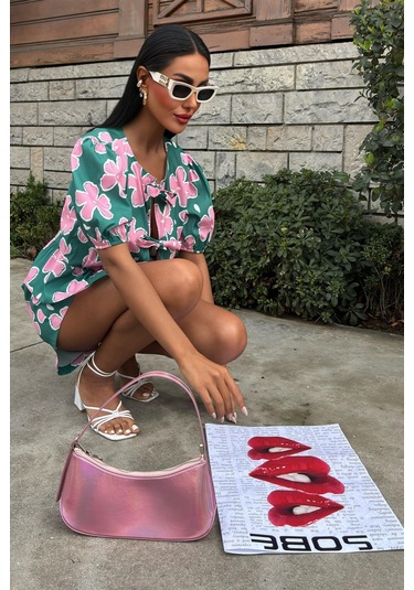 Kadın Multi Çiçek Desenli Poplin Kısa Takım Çok Renkli