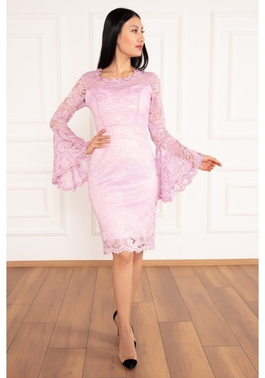 Kalopya Kol Volanlı Kısa Dantel Abiye Elbise 13034 Pembe