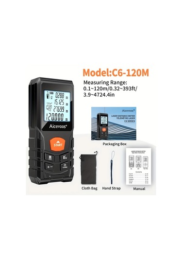 Elmpaly Aıcevoos Yüksek Hassasiyetli Dijital Lazer Mesafe Ölçer 50 120m 394ft Endüstriyel Ölçüm Aleti Pil İle Çalışan Kauçuk Kasa