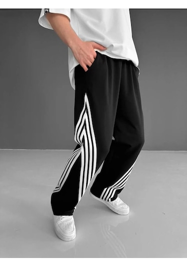 İki İplik Kumaş Şeritli Alt Esofman - Siyah Siyah