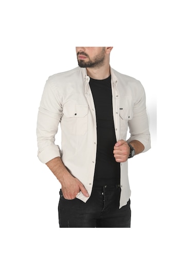 Deepsea Erkek Bej Büyük Beden Pamuklu Likralı Spor Gömlek Dar Kalıp, Çıt Çıt Kapamalı 2500423 Bej