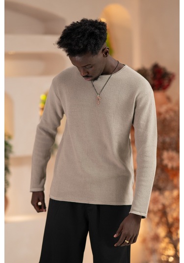 Regular Fit Likralı Kendinden Çizgili Mevsimlik Spor Kazak Vizon