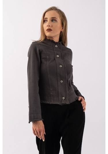 Bold & Young Kadın Yağ Yeşili Power Strech Çıt Çıtlı Slim Fit Denim Ceket Antrasit