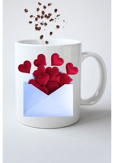 Kalp Mektubu Baskılı Hediye Kupa Bardak Porselen Çay Kahve Fincanı Beyaz