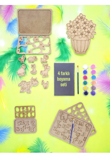 Ev-okul Etkinliği Ahşap Puzzle 4'lü Boyama Seti, 12 Renk Boya Ve