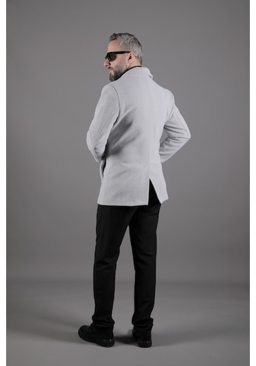 Ohepmoda Desenli Kruvaze Erkek Kaşe Kaban Açık Gri