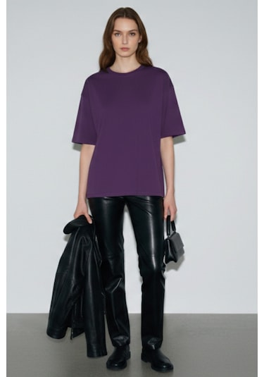 Soft&Basic Kadın %100 Organik Pamuk Oversize Fit Basic Yuvarlak Yaka T-shirt Mor