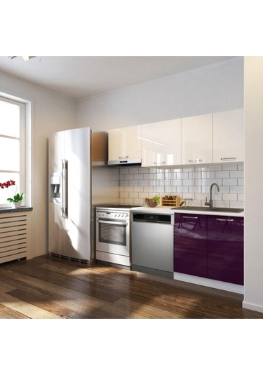 Pukka Hazır Mutfak Dolabı 200cm Parlak-beyaz Laminat Tezgah Dahil-bulaşık Makinesi Yeri Mevcut-parlak Mürdüm