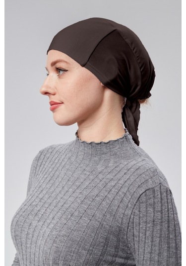 Kadın Tesettür Likralı Penye Dikişsiz Kaymaz Düz Bağlamalı Bone Kahverengi