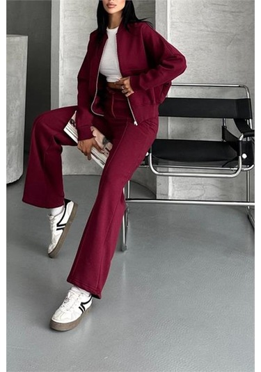 Neşeli Butik Kadın Pamuklu Kışlık Rahat Kesim Eşofman Takımı Nbg112 Bordo