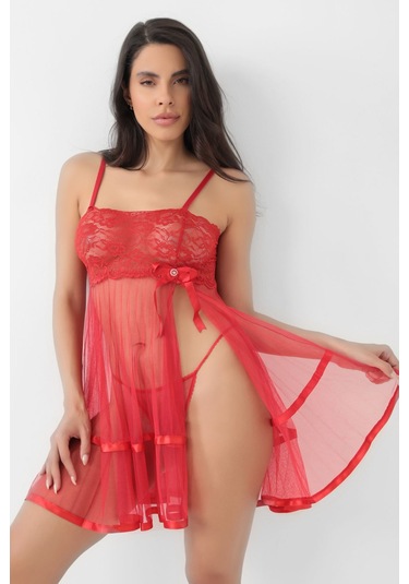 Kırmızı Şifon Pileli Gecelik-835 Çok Renkli