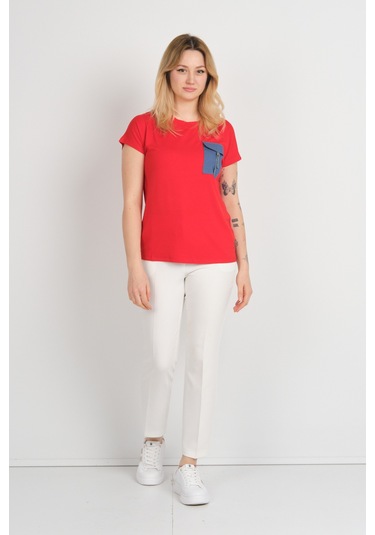 Sistas Kadın Düşük Kol Tek Cep Detaylı Bisiklet Yaka Bluz 24107 Kırmızı Kırmızı