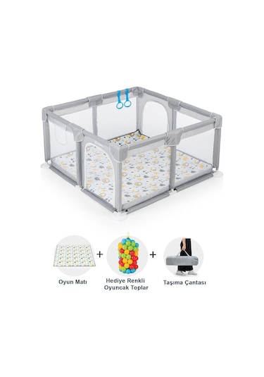 Original Playard Plus Güvenli Bebek Ve Çocuk Oyun Alanı Oyun Parkı 120x120 Oyun Matı Ve Topları Açık Gri