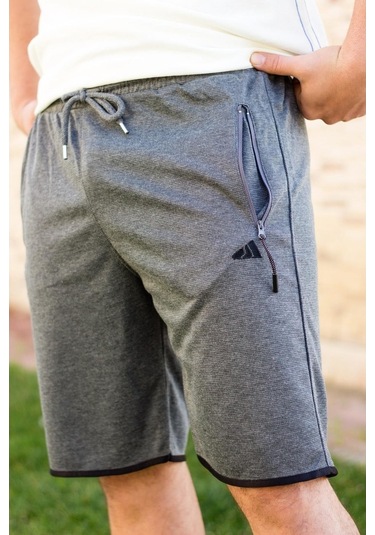 Erkek Gri Petek Kumaş Cepli Gizli Fermuarlı Ipli Bermuda Şort