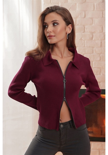 Aqe Fashion Çift Açılır Fermuarlı Polo Yaka Hırka Bordo