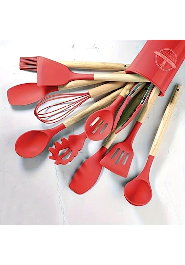 Tilbe Home 12'li Silikon Kevgir Kepçe Kaşık Fırça Spatula Çırpıcı Maşa Servis Seti Bambu Kırmızı Mut