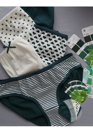 Alya Underwear Anne Kız Kombin Pamuklu Külot - Beyaz Slip İç Çamaşırı - 5'li Paket Yeşil P22