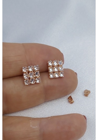 925 Ayar Rose Renk Baget Kare Gümüş Küpe