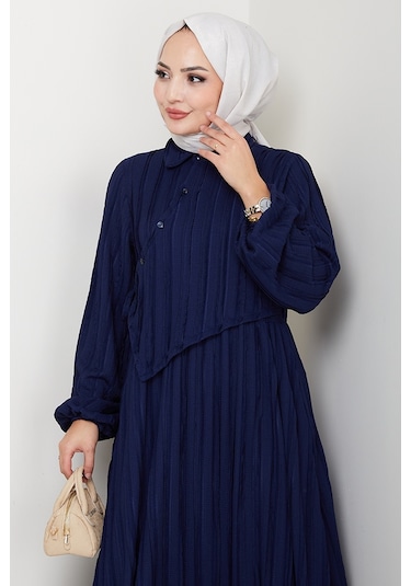 Çapraz Bağlamalı Bürümcük Elbise 1617 - Lacivert Lacivert