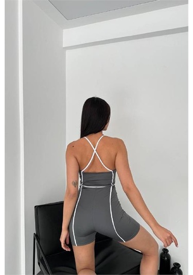 Neşeli Butik Kadın Çizgi Detaylı Sırt Dekolteli Mini Tulum Nbdf050-test Antrasit