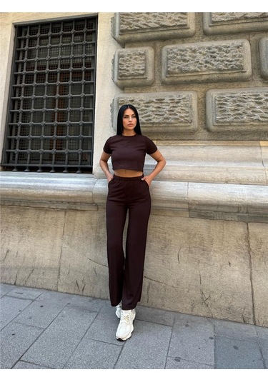 Kahve Modal Elastan Bisiklet Yaka Takım Kahve