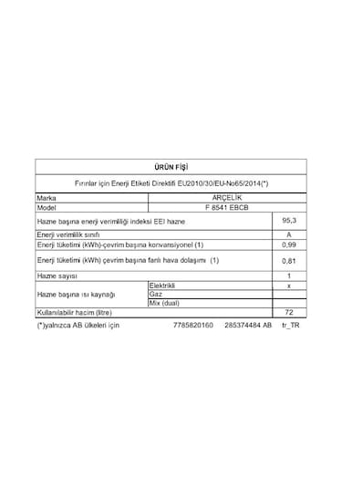 Arçelik F 8541 EBCB 72 LT Ocaklı Fırın