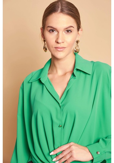 Yakalı Önü Pileli Uzun Kol Likrasız Şık Kumaş Gömlek-B.Yeşil B.Yeşili