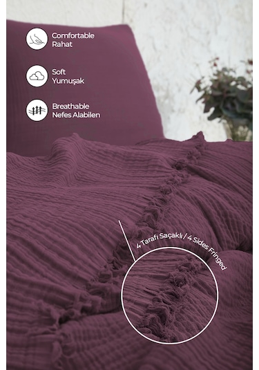 %100 Pamuk Müslin Yatak Örtüsü Tek Kişilik 4 Katlı Battaniye 2 Parça Müslin Pike Seti Mor Mor