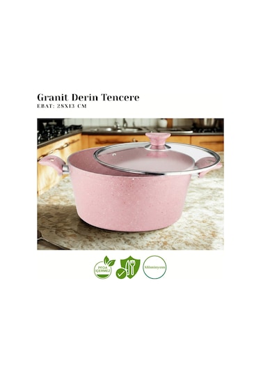 28 Cm Granit Derin Tencere Cam Kapak - Pembe Pembe