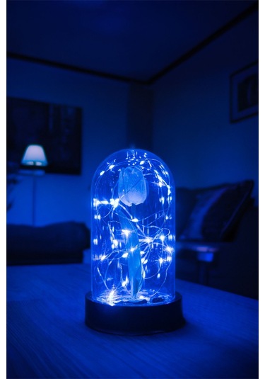 Anneler Gününe Özel Beyaz Lale Mavi Peri Ledli Fanus Lamba Usb'li Yapay Çiçek Dekoratif Hediyelik