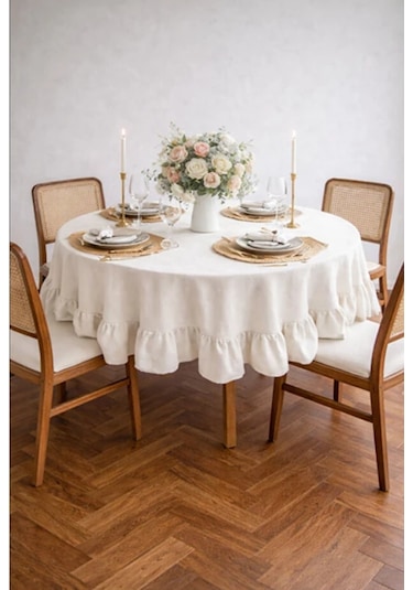 Fırfırlı Natürel Ham Keten Yuvarlak Masa Örtüsü 140x140 Cm Bej