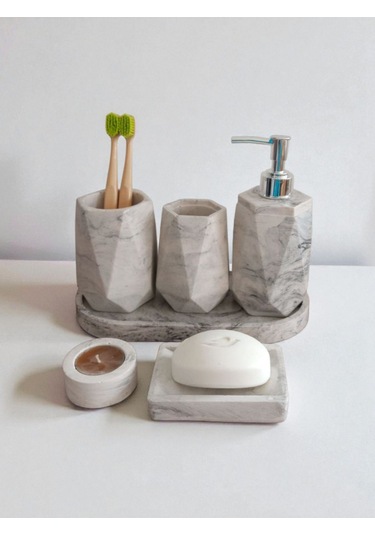 Mermer Desenli Beton Banyo Seti,sıvı Sabunluk ,diş Fırçalığı,kulak Çubukluğu,katı Sabunluk Ve Mumluk Gri
