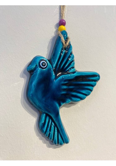 El Yapımı Nazar Boncuğu, Duvar Dekorasyon Ürünü, Seramik, El İşçiliği, Turkuaz Renkte Kuş Desenli -