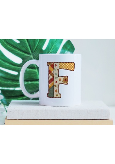 F Harfi Sonbahar Kış Temalı Yamalı Tasarım Kupa Bardak - Etnik Ve Pathwork Severlere Özel Hediye Beyaz