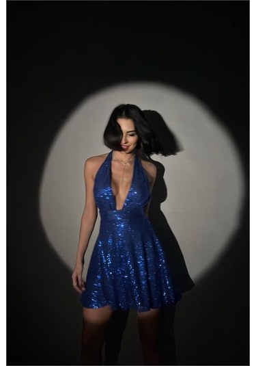 Neşeli Butik Kadın Mavi Halter Yaka Payet Elbise Nbdf046 Mavi
